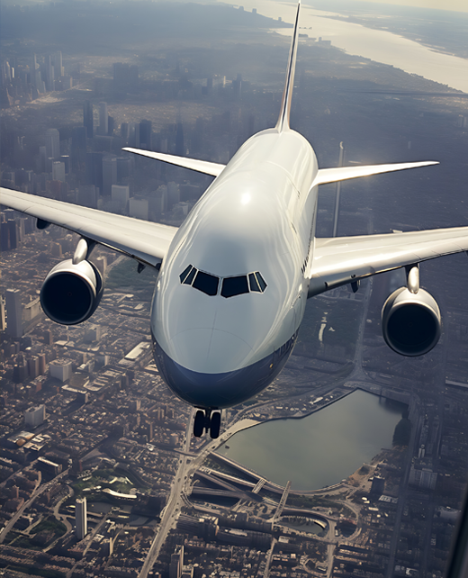 Airplane flying over city
